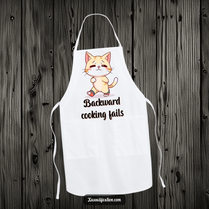 Funny apron depicting a confused cat humorously wearing mismatched socks and attempting to walk backward, inspiring kitchen humor.