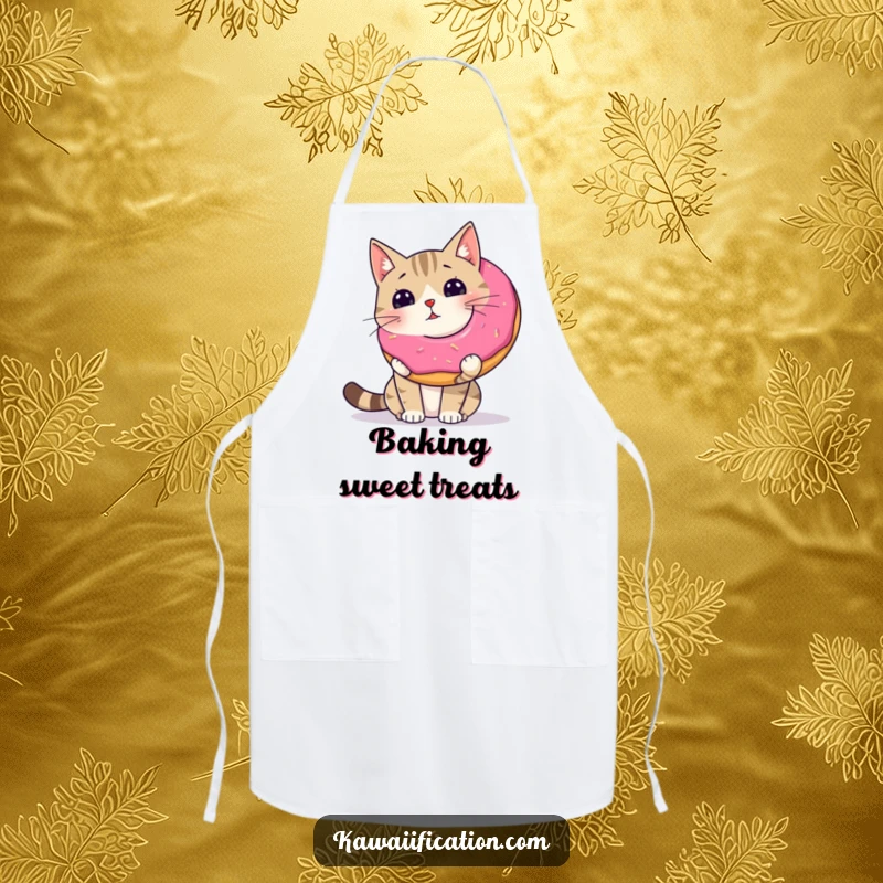 Funny wobbly cat balancing a giant donut on its nose, printed on a kitchen apron for culinary fun.