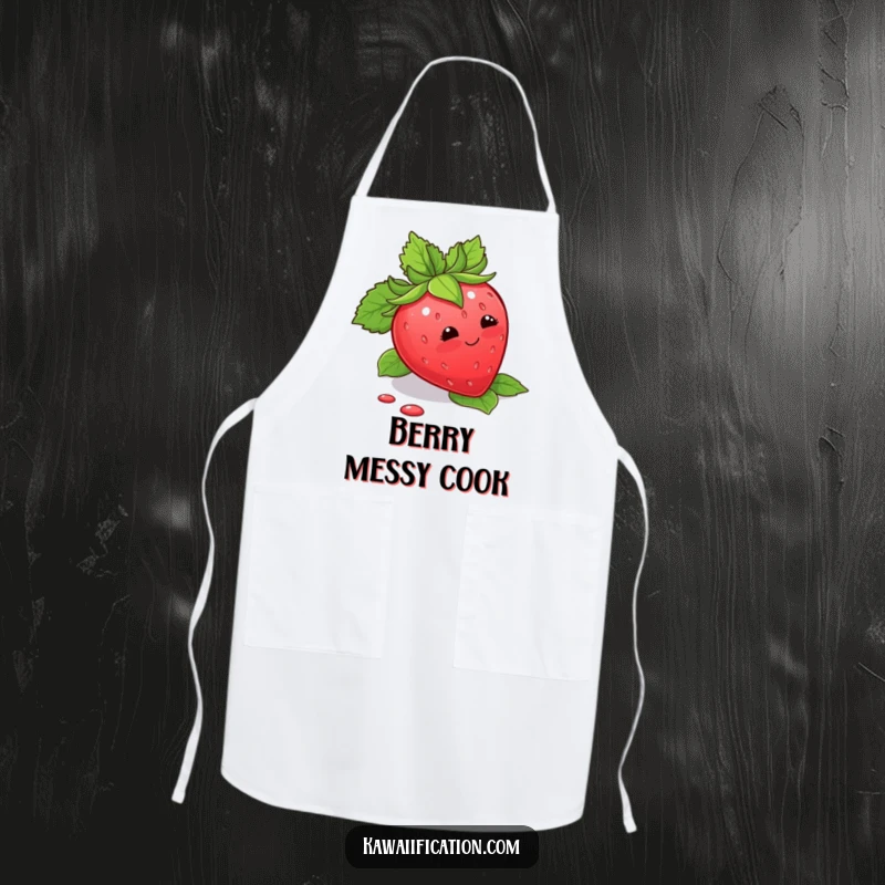 Funny Apron depicting a blushing strawberry tripping over its leaves, perfect for a humorous cooking experience.