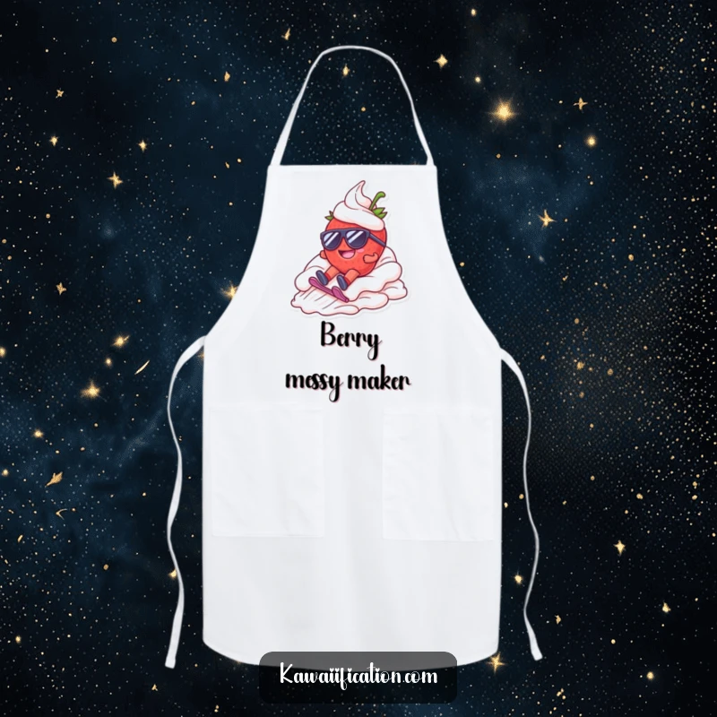 Funny apron showing a happy strawberry character with sunglasses, dramatically sliding down whipped cream, ready for dessert making.