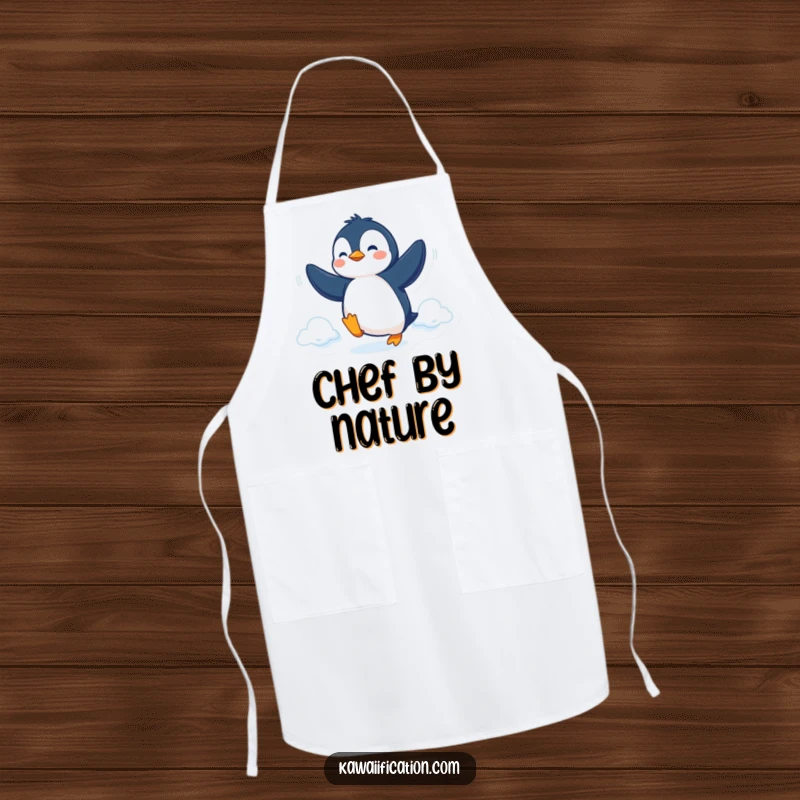 Funny Apron depicting a determined penguin trying to fly with its flippers, perfect for a humorous cooking experience.