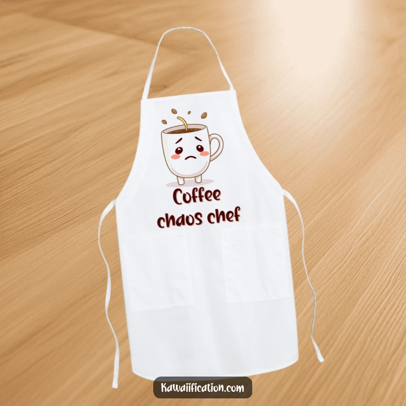 Funny apron depicting a confused coffee cup character attempting to pour itself, great for a humorous and messy kitchen experience.