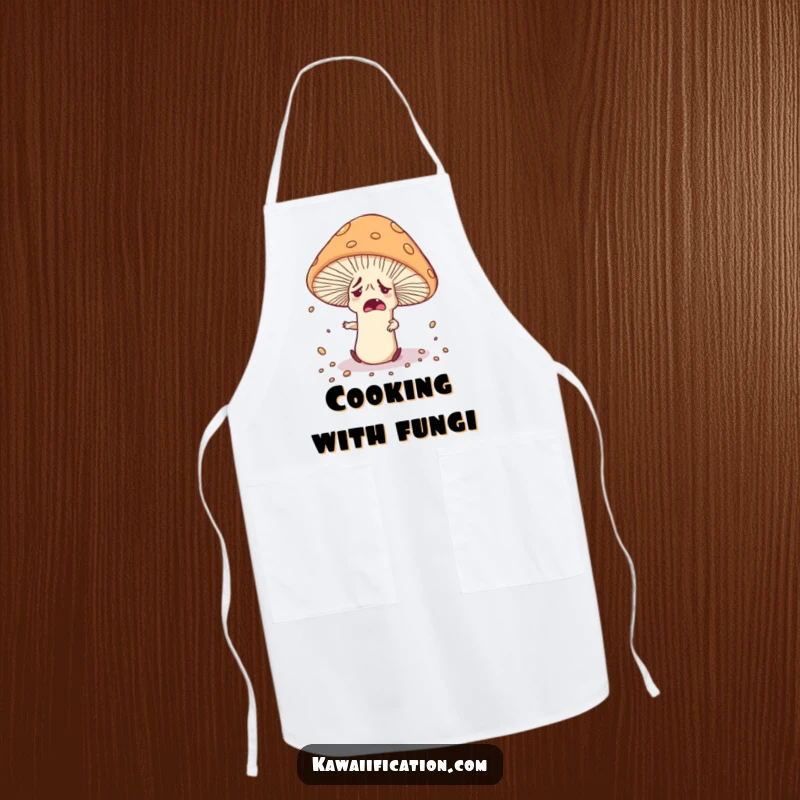 Funny nervous mushroom character tripping over its own cap, scattering spores, printed on a kitchen apron for culinary fun.