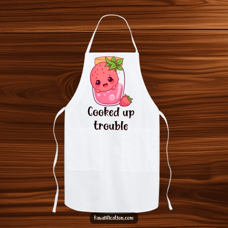 Funny cheerful strawberry stuck in a jam jar, looking surprised, a humorous kitchen apron for cooking, showcasing funny fruit, a funny gift.
