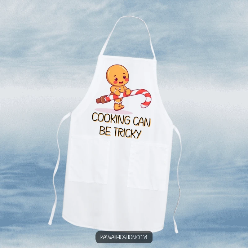 Funny apron showcasing a mischievous gingerbread man character comically tripping over a giant candy cane.
