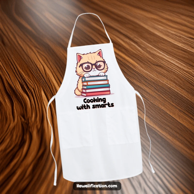 Funny cat apron, fluffy cat wearing oversized glasses, trying to balance books, a humorous and practical kitchen accessory.