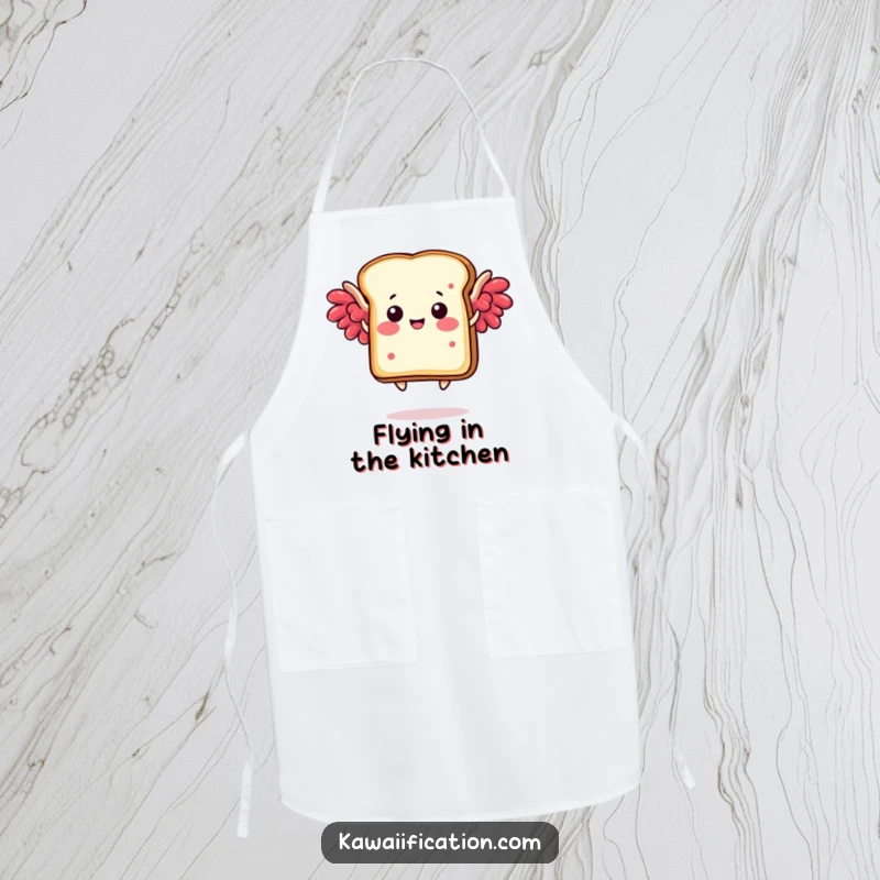 Funny apron depicting a happy toast slice with jam wings humorously flying, inspiring cheerful cooking and baking.