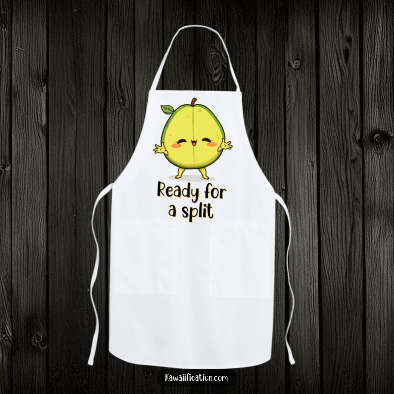 Funny Apron depicting a confident avocado performing a dramatic split, perfect for a humorous cooking experience.