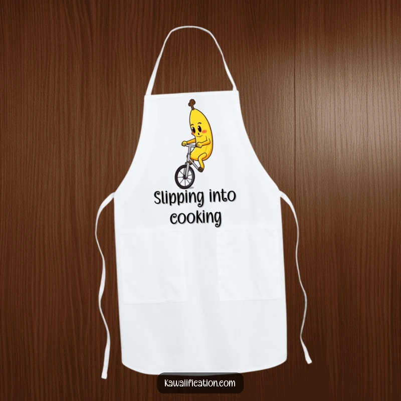 Funny apron featuring a determined banana character attempting to ride a unicycle while cooking, inspiring kitchen humor.