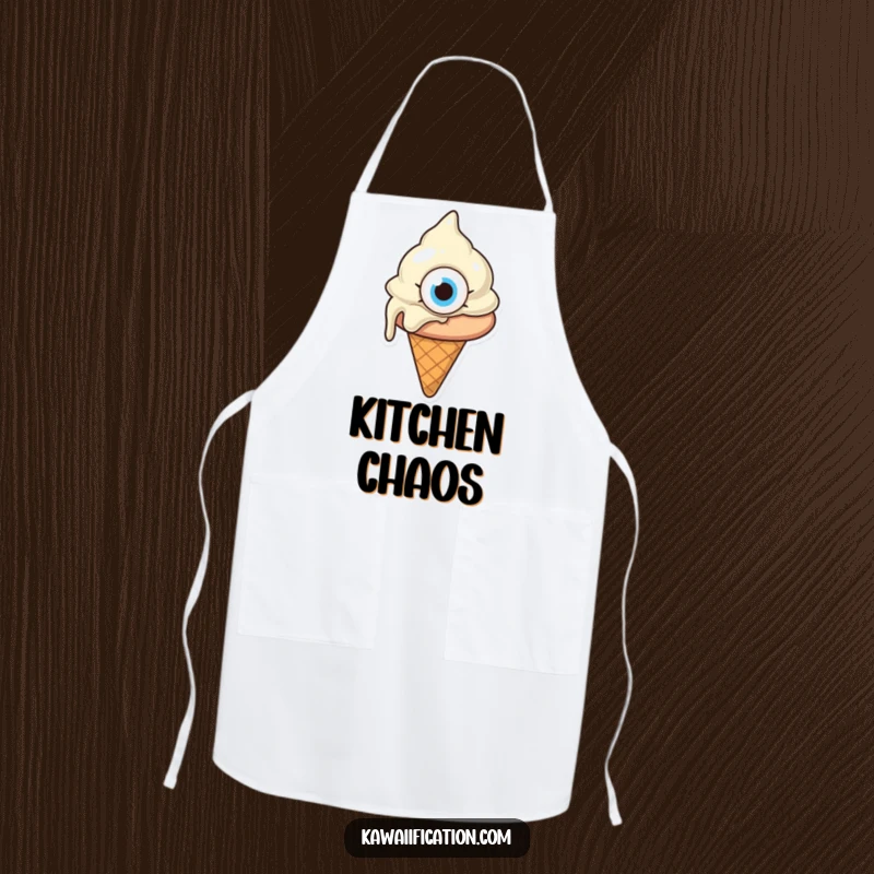 Funny melting ice cream cone with one giant eye, looking confused, a quirky kitchen apron for cooking, adding funny charm, a funny gift.