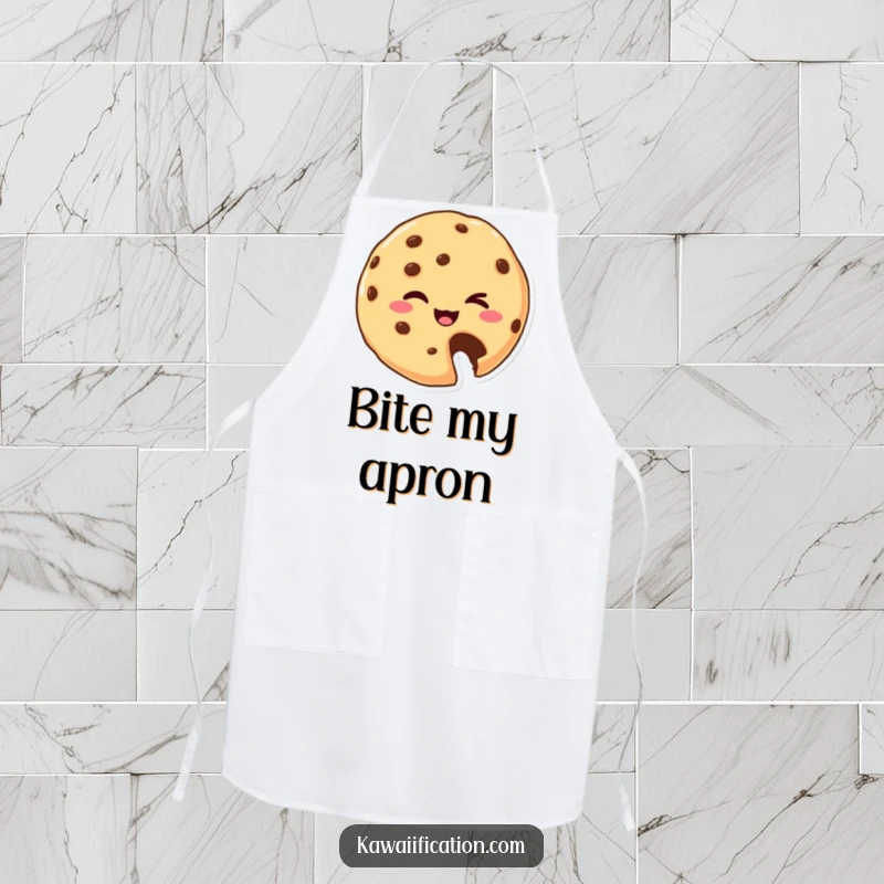 Funny Apron: A cookie character with a bite missing, playfully winks. Perfect for a humorous and functional funny gift.