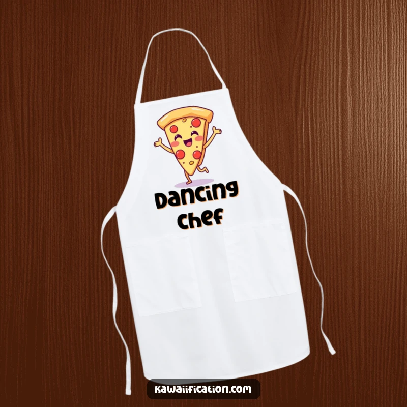 Funny apron depicting a pizza slice character joyfully dancing, ideal for culinary fun and kitchen protection.