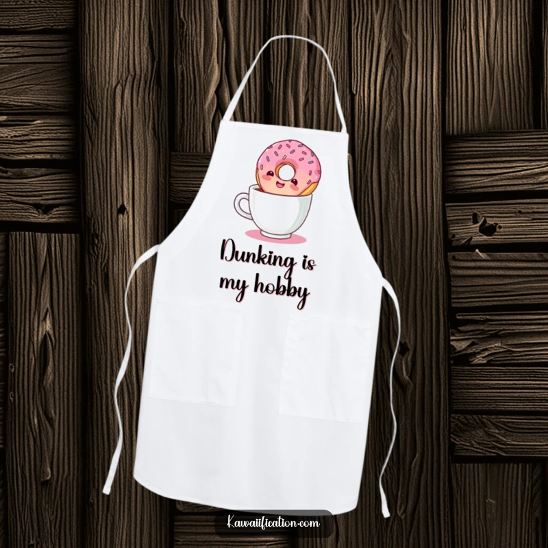 Funny kitchen apron illustrating a giggling donut with sprinkles taking an inverted dive into a coffee cup.