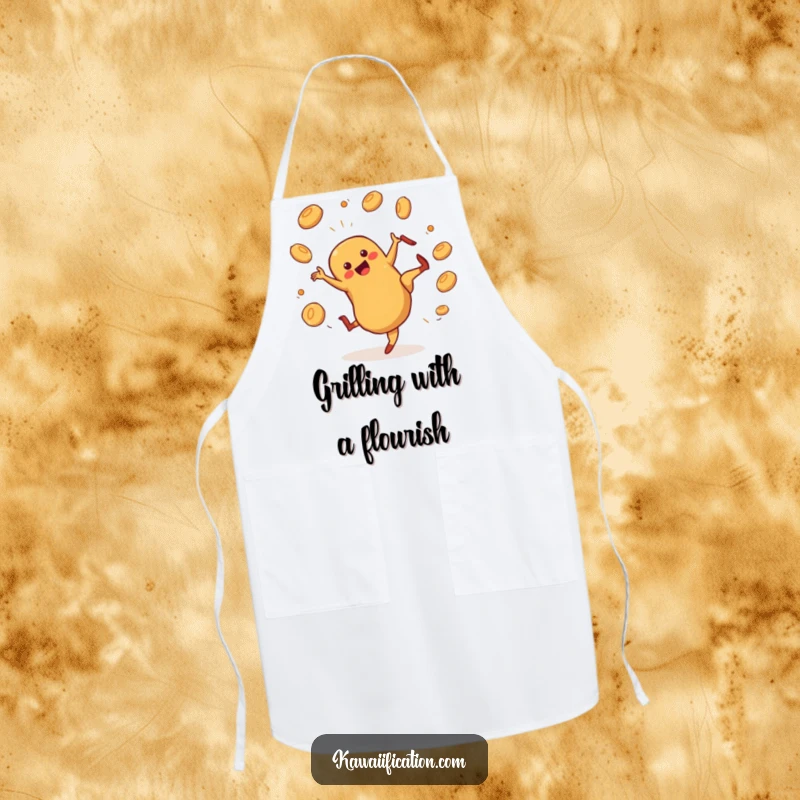 Funny hot dog character cartwheeling and juggling buns on a cooking apron, ideal for humorous kitchen activities.