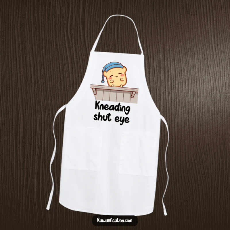 Funny sleepy bread loaf wearing a nightcap, falling off a shelf, a humorous kitchen apron for cooking, showcasing funny sleepiness, a funny gift.