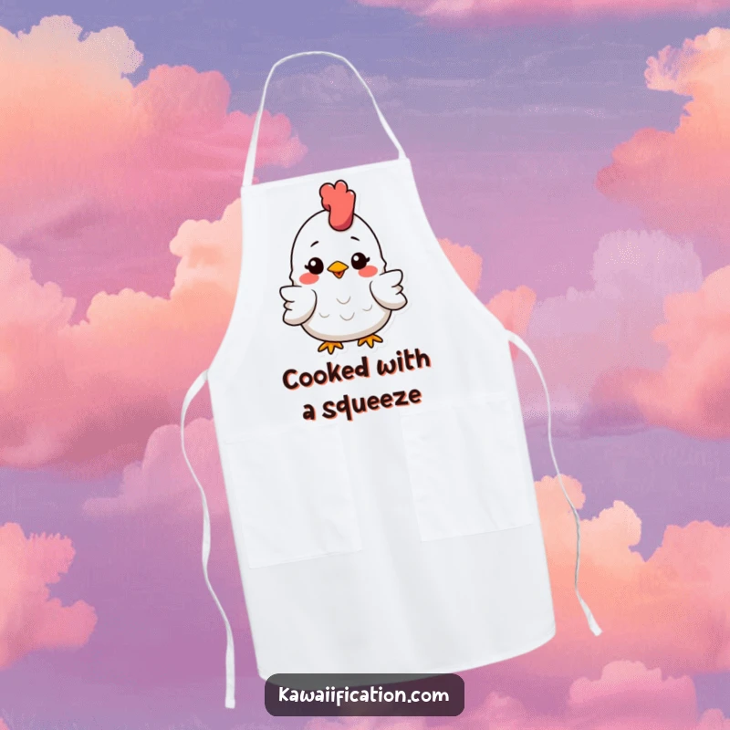 Funny Apron depicting a slightly squashed rubber chicken with a cheerful smile, adding a humorous touch to kitchen activities.