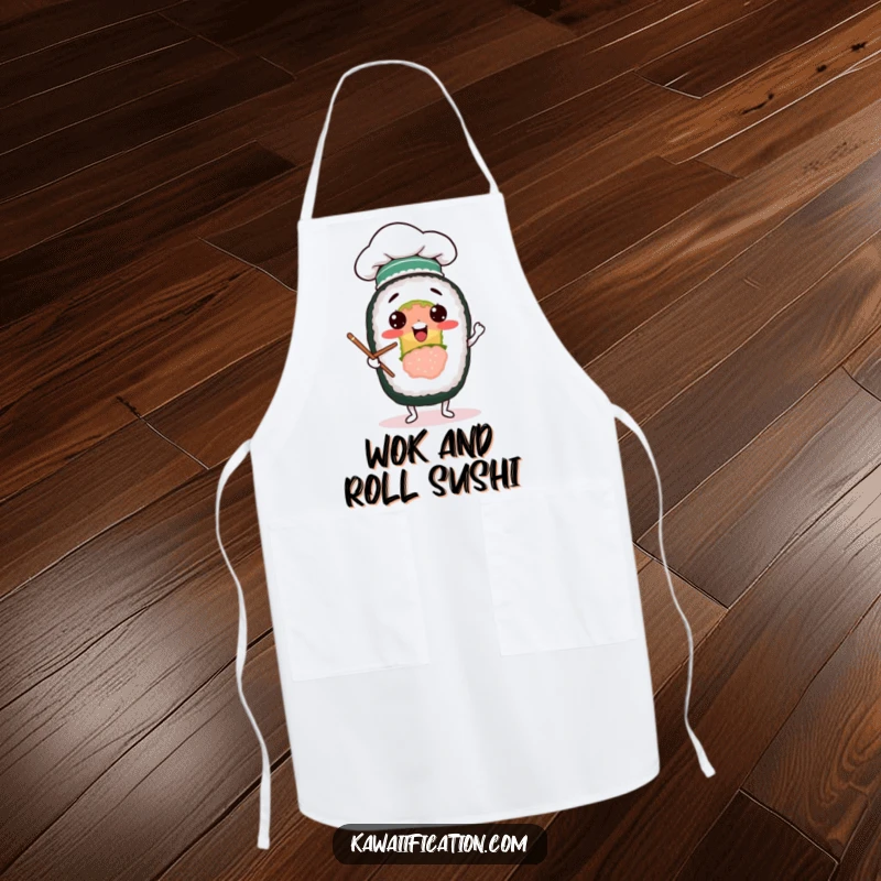 Funny apron showing a cheerful sushi roll in a chef hat, comically juggling chopsticks, ready for a fun cooking session.