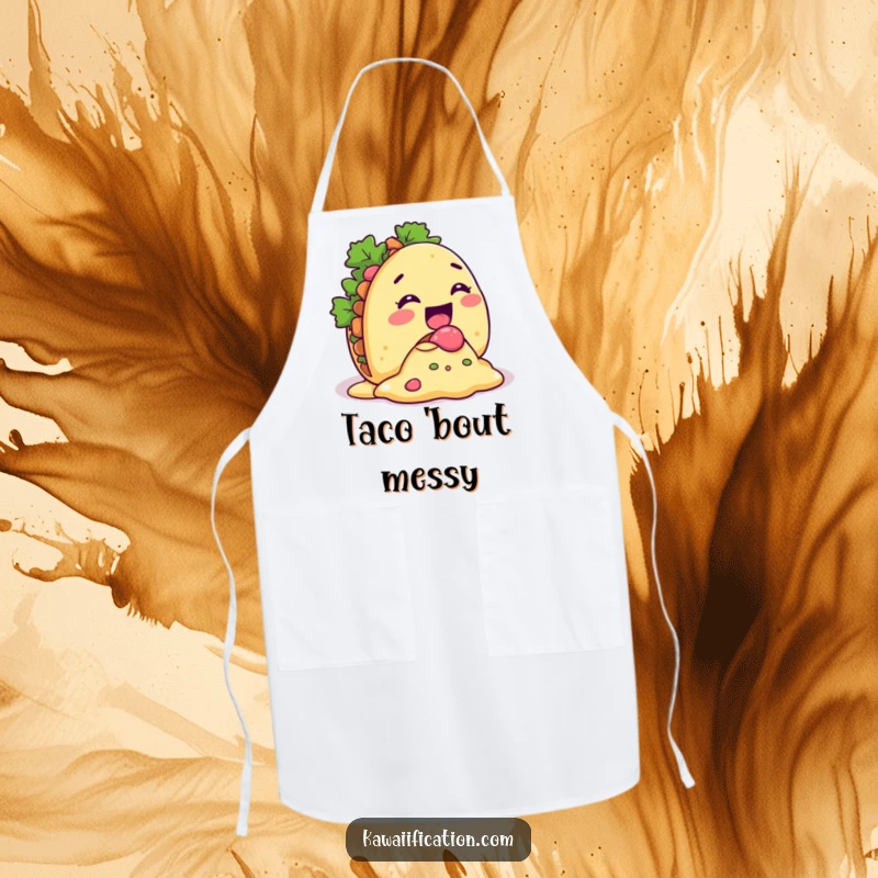Funny Taco Spill Apron apparel with a giggling taco character with its filling comically spilling out, a fun kitchen essential.