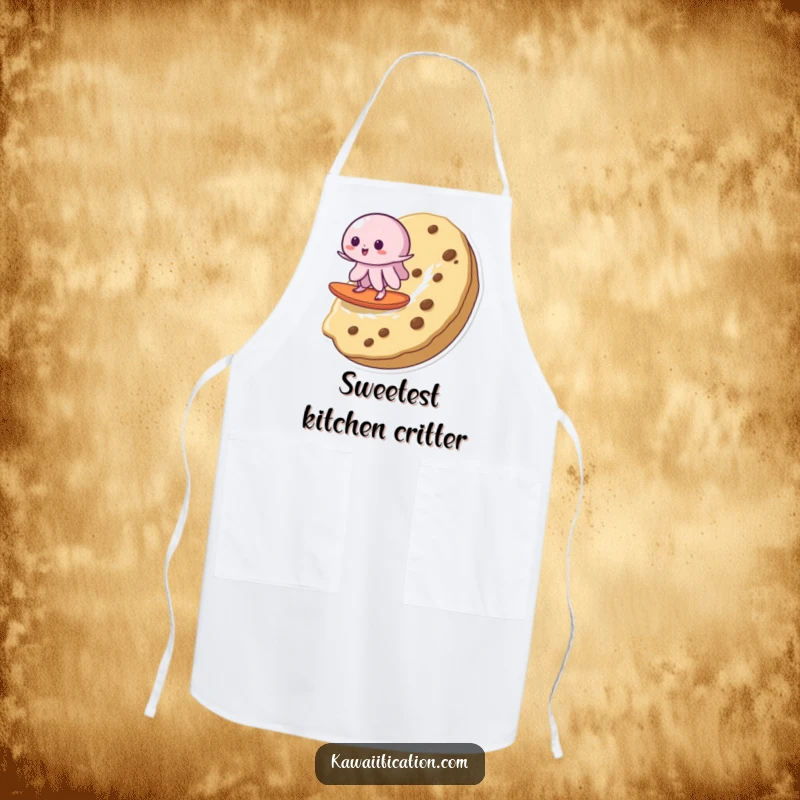 Funny apron showing a wobbly jelly surfing a cookie, ideal for kitchen adventures and adding a comical, sweet touch to cooking.