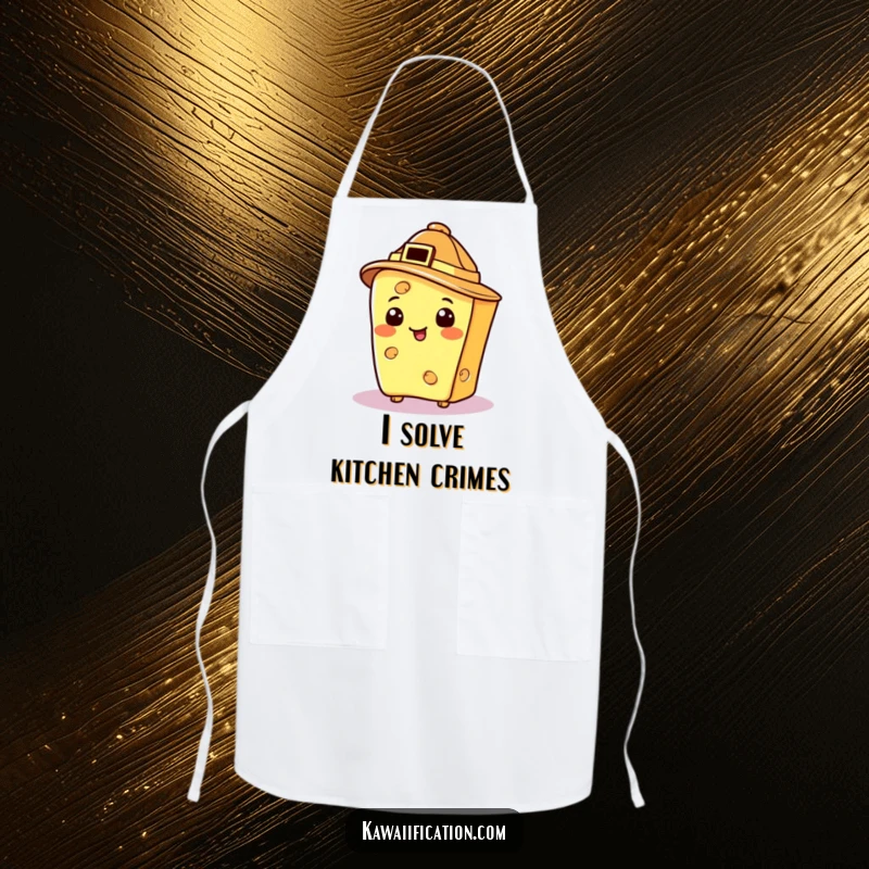 Funny cheese slice as a detective, wearing a hat, ready to cook, a humorous apron.