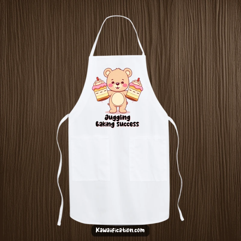 Funny apron featuring a happy teddy bear character juggling three oversized, wobbling cakes, perfect for a baker with a sense of humor.