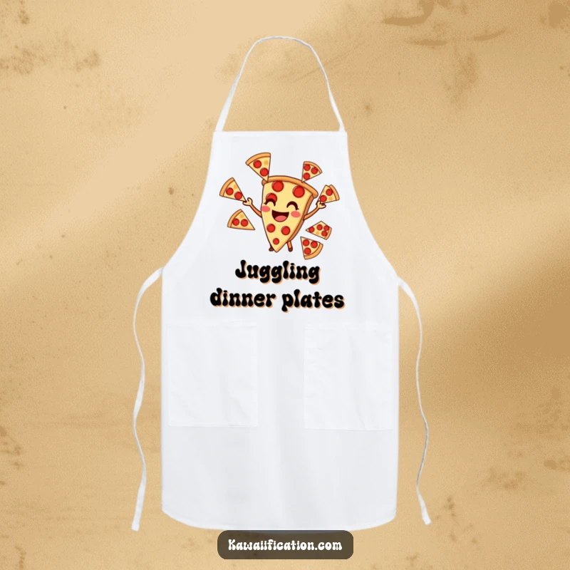 Funny apron showing a pizza slice juggling pepperoni, perfect for chefs who love to laugh.