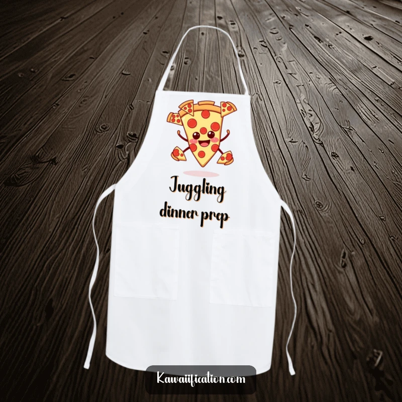 Funny pizza apron, smiling slice juggling pepperoni slices, a humorous and practical kitchen accessory.