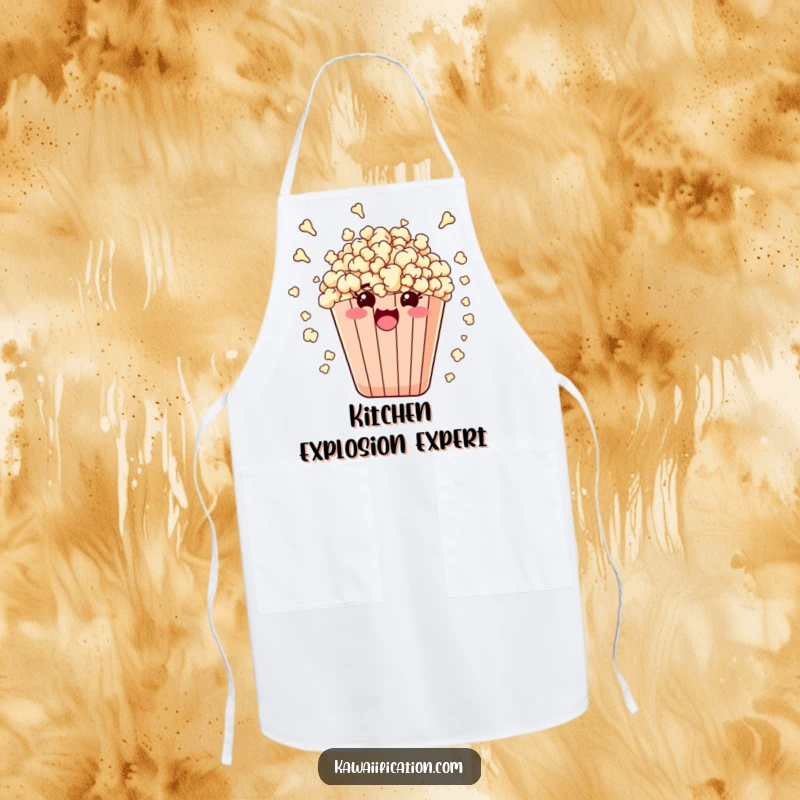 Funny cooking apron depicting a bag of popcorn comically bursting with kernels, celebrating enthusiastic meal preparation.
