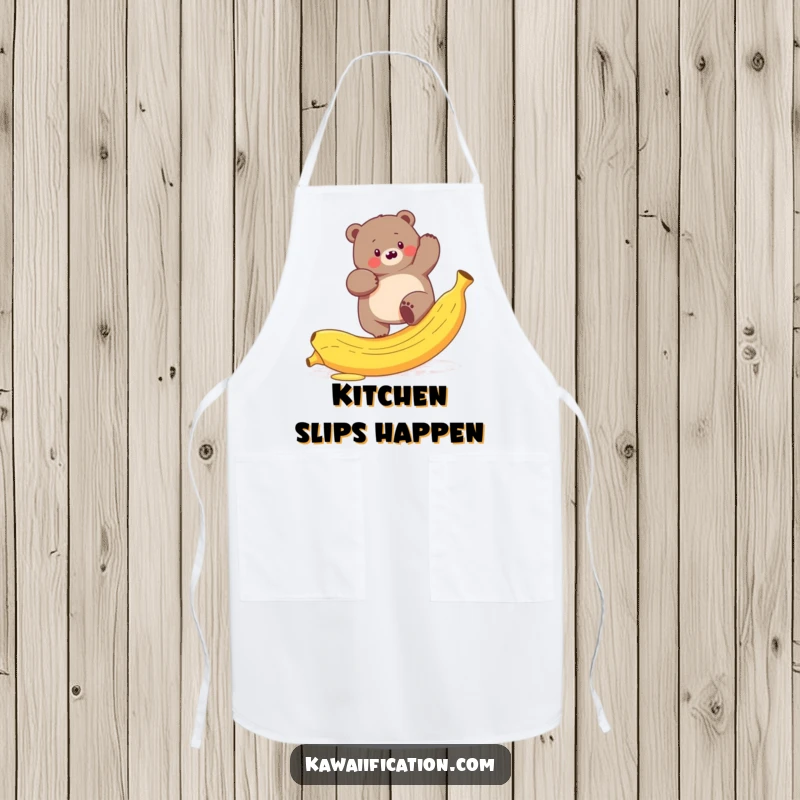 Funny apron showing a plump bear hilariously trying to climb a slippery banana peel, perfect for chefs.