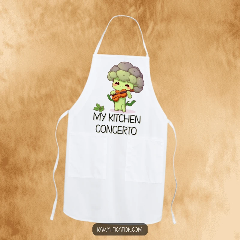 Funny apron showing a shy broccoli floret playing a tiny violin, ideal for a humorous cooking experience.
