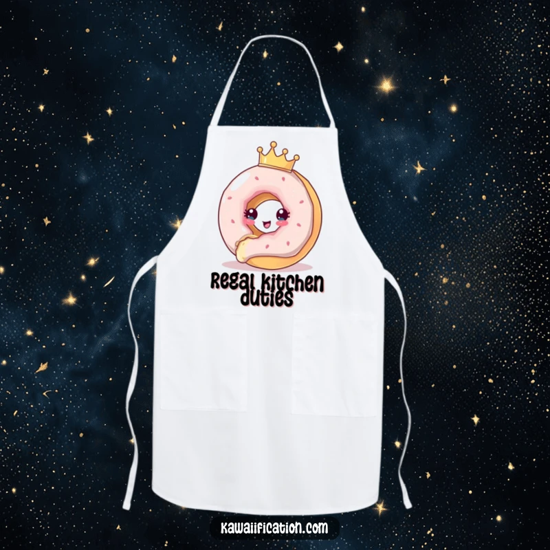Funny Apron illustration of a crowned donut making a comical escape from an approaching bite, adding cheer to cooking.