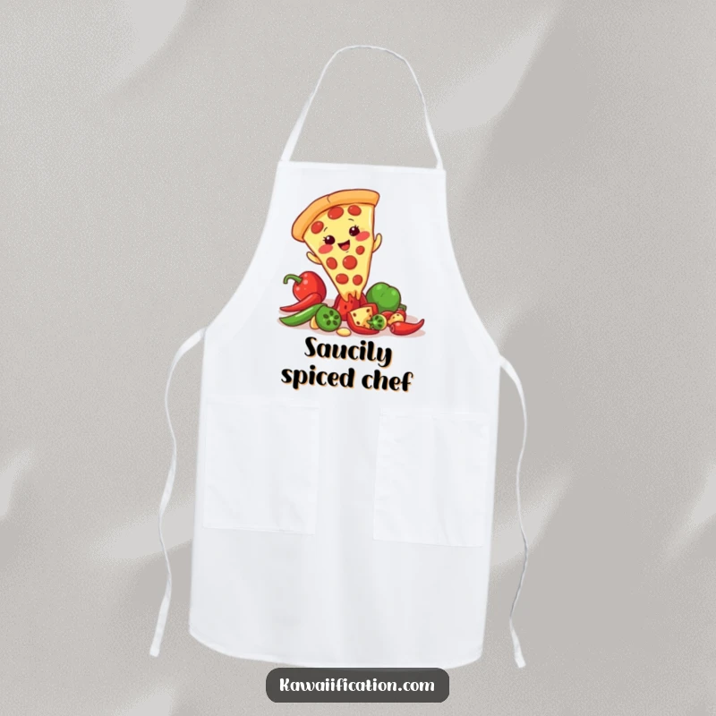 Funny apron featuring a giggling pizza slice character slipping on a scattered pepper, perfect for a chef with a sense of humor.