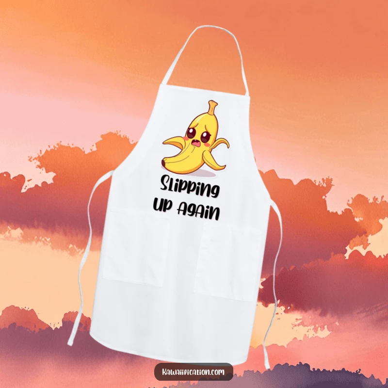 Funny startled banana peel slipping on itself with wide eyes, cartoon kitchen apron for cooking, protecting clothes with humor, a funny gift.