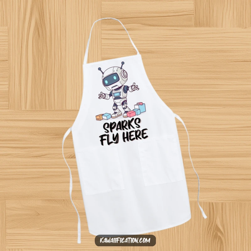 Funny apron displaying a clumsy robot character accidentally spilling ingredients while attempting to cook or dance.