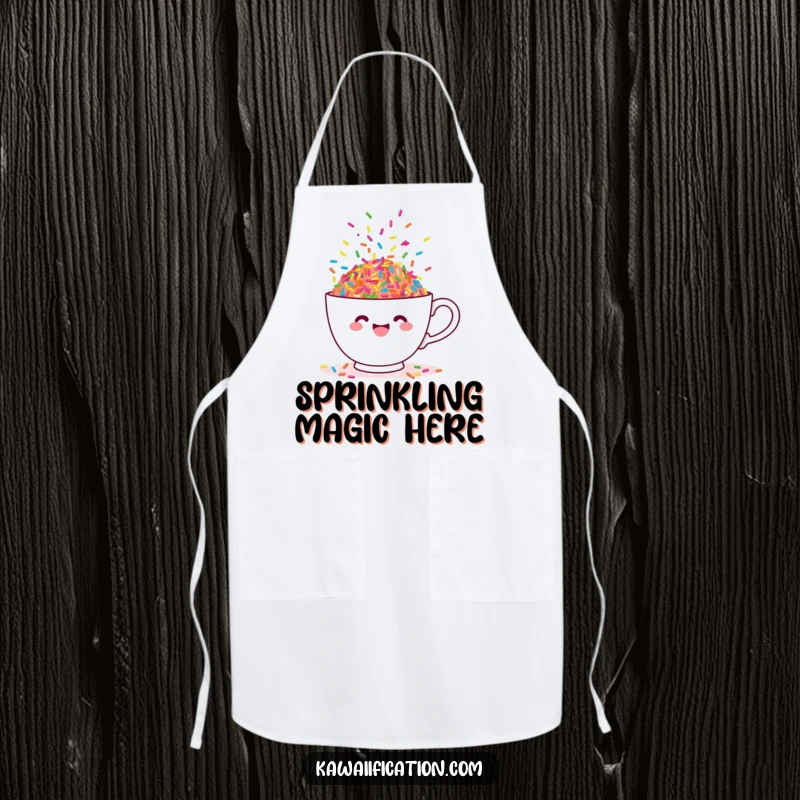 Funny apron showing a teacup overflowing with dancing sprinkles, perfect for bakers who love sweets.