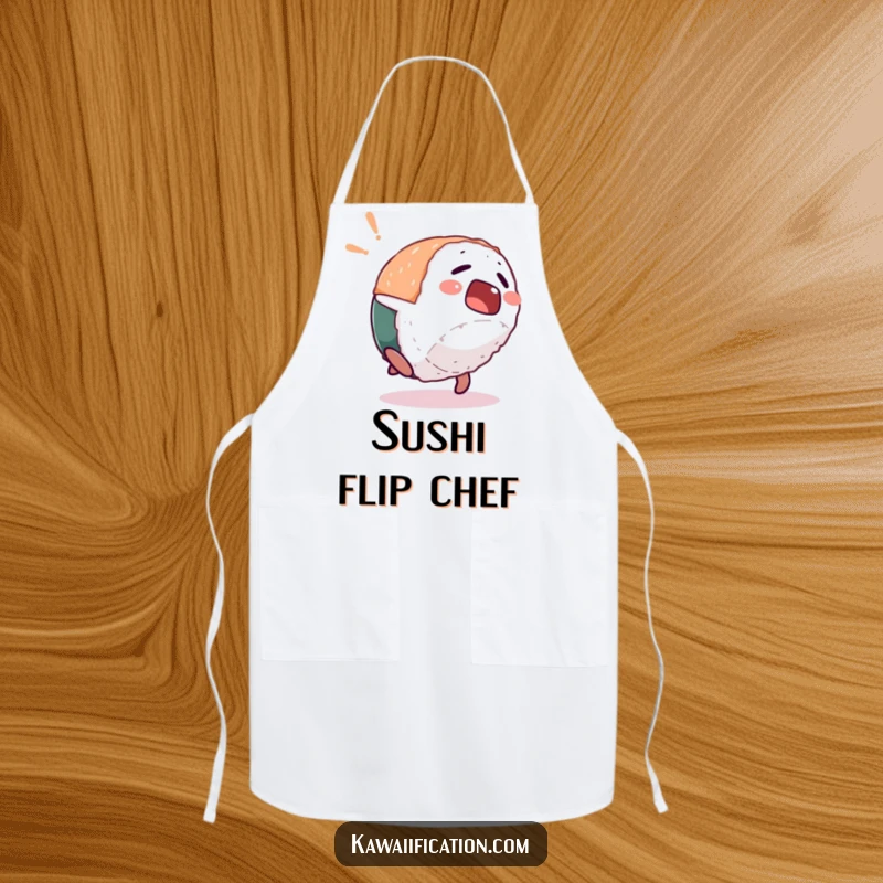 Funny apron featuring a startled sushi piece character doing a comical backflip, ideal for a surprising and humorous cooking experience.