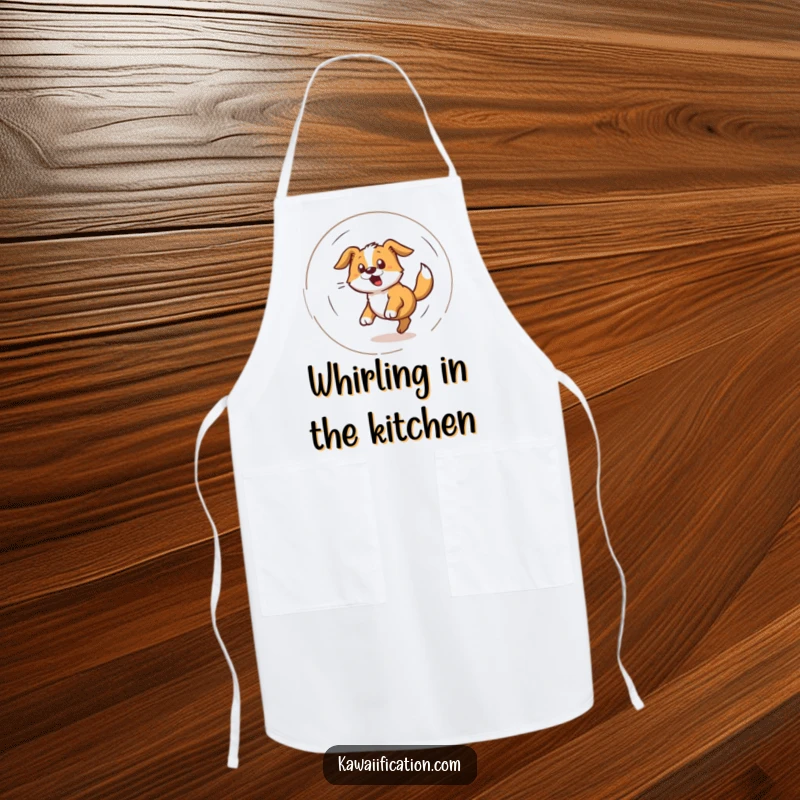 Funny apron featuring a bewildered dog spinning in a dizzy circle while chasing its tail, perfect for a playful cook.