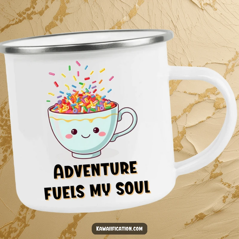 Funny sprinkle teacup camping mug, durable and cheerful, featuring a delightful cup overflowing with dancing colorful sprinkles.