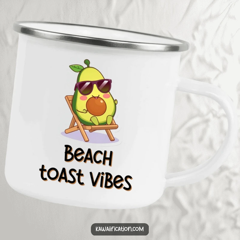 Funny smiling avocado character wearing sunglasses, lounging on a tiny beach chair, designed for a rugged camping mug.