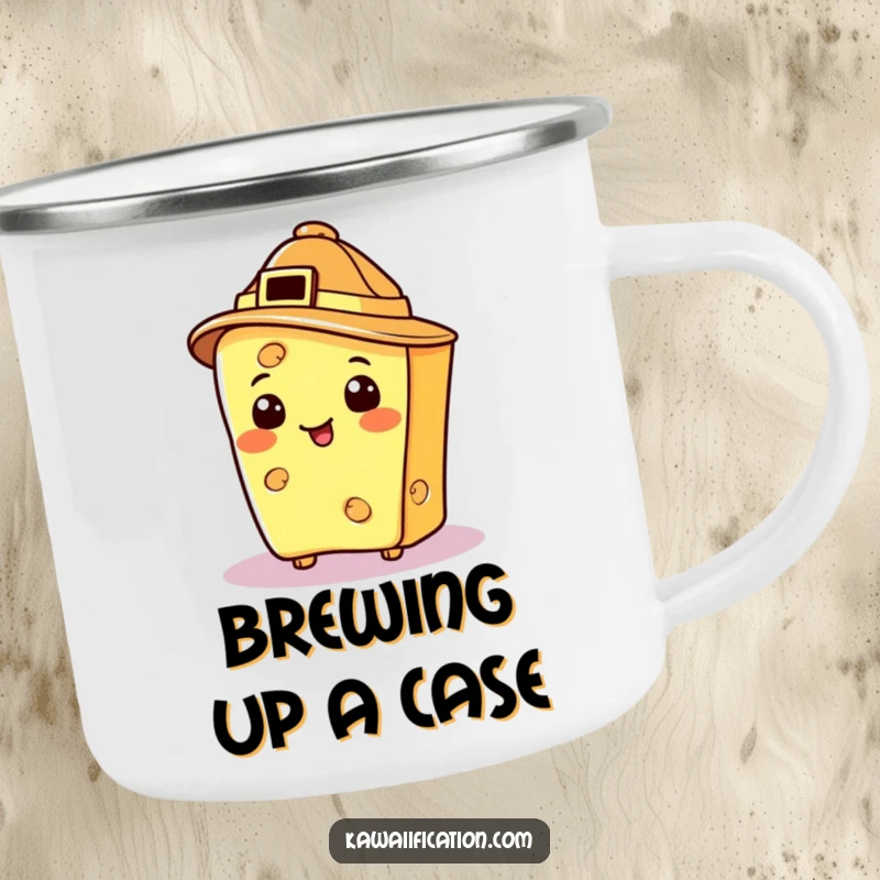 Funny cheese slice as a detective, exploring the outdoors, a humorous camping mug.