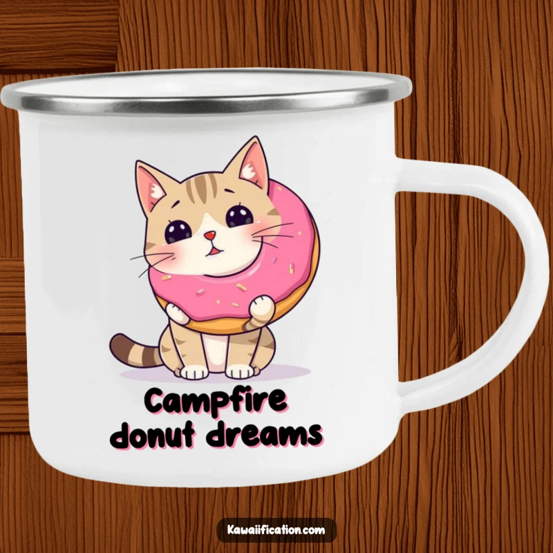 Funny wobbly cat balancing a giant donut on its nose, designed for a rugged camping mug.