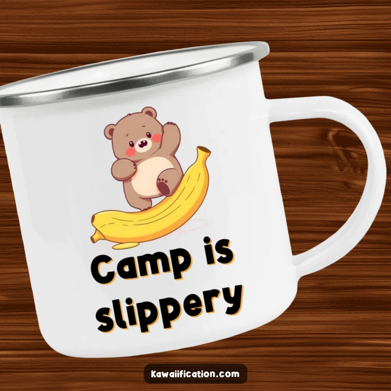 Funny camping mug with a plump bear hilariously trying to climb a slippery banana peel, perfect for outdoor enthusiasts.