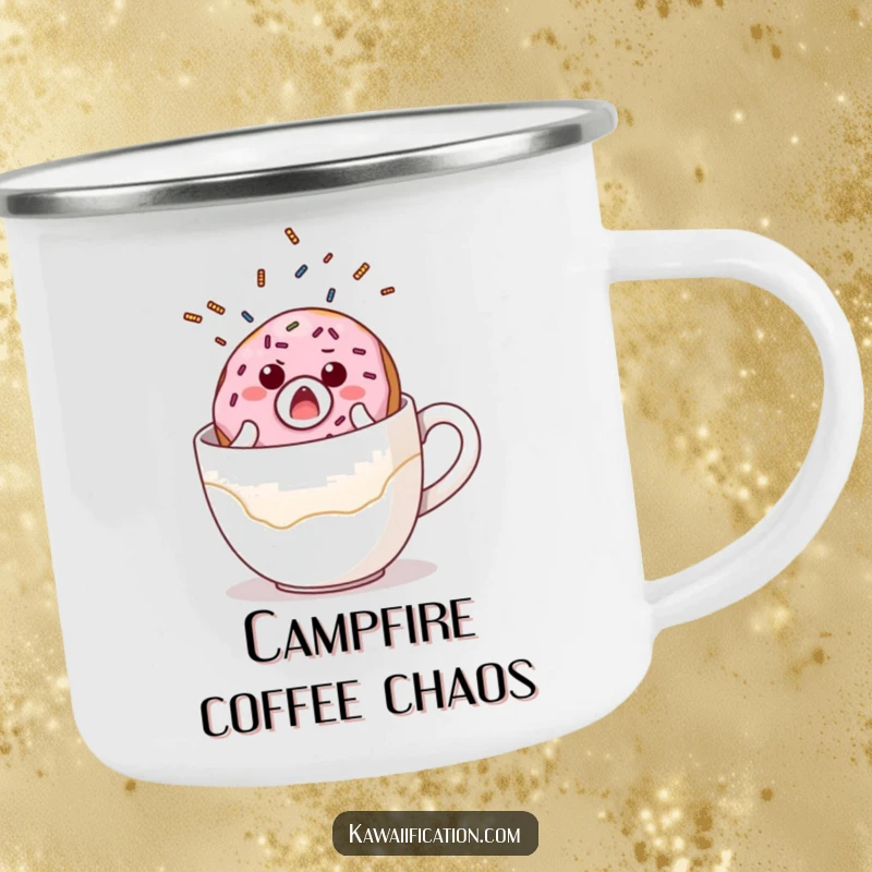 Funny camping mug featuring a surprised donut with sprinkles flying, comically falling off a giant coffee cup, ready for outdoor enjoyment.