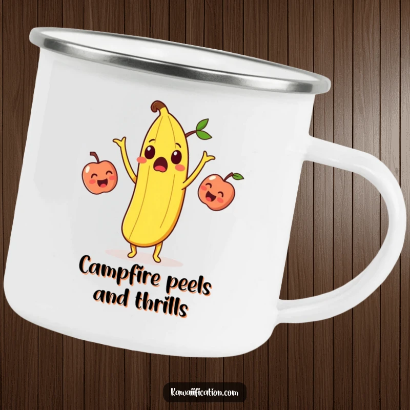 Funny surprised banana peel juggling laughing apples on a metal camping mug, designed for outdoor fun and humor.