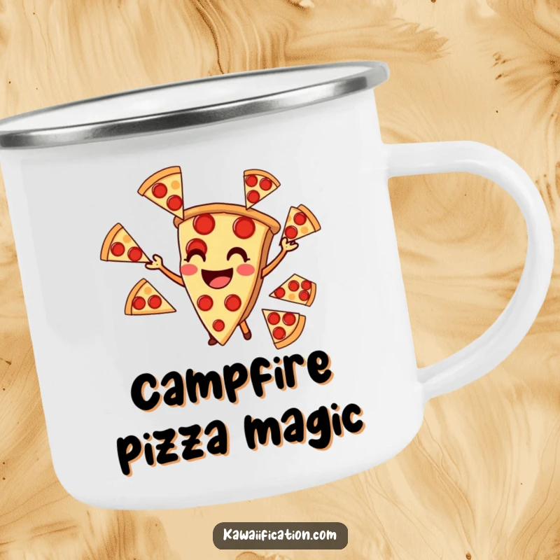 Funny camping mug with a pizza slice juggling pepperoni, perfect for outdoor meals and pizza lovers.