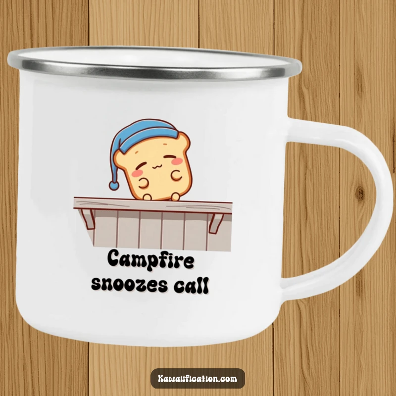 Funny sleepy bread loaf wearing a nightcap, falling off a shelf, a durable camping mug featuring a comical sleeping character, ideal funny gift.