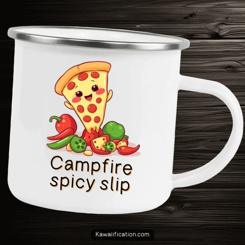 Funny camping mug featuring a giggling pizza slice character slipping on a scattered pepper, durable and ready for outdoor fun.