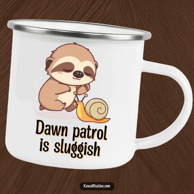 Funny enamel camping mug showing a sleepy sloth humorously racing a speedy snail in the wild.