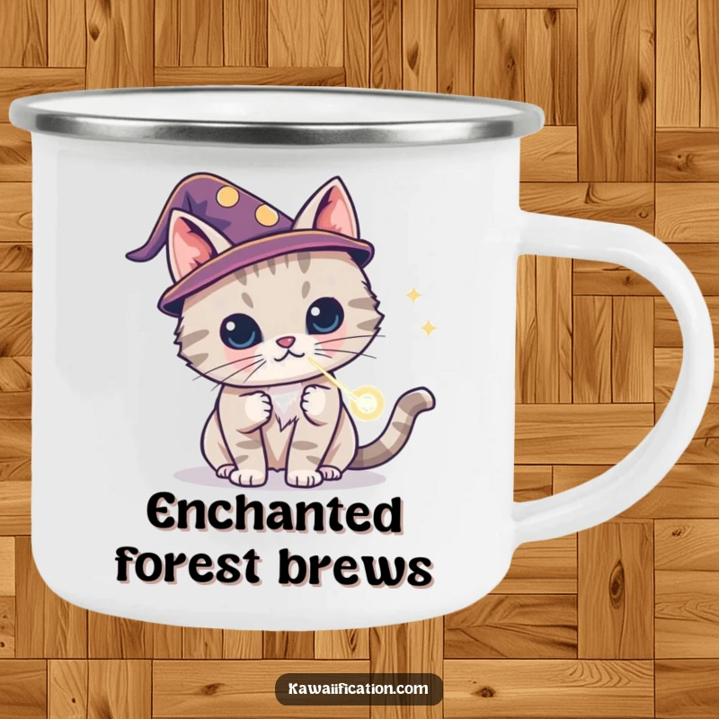 Funny cat wizard camping mug wearing a tiny hat, conjuring a laser dot, magical outdoor humor, a perfect funny gift.