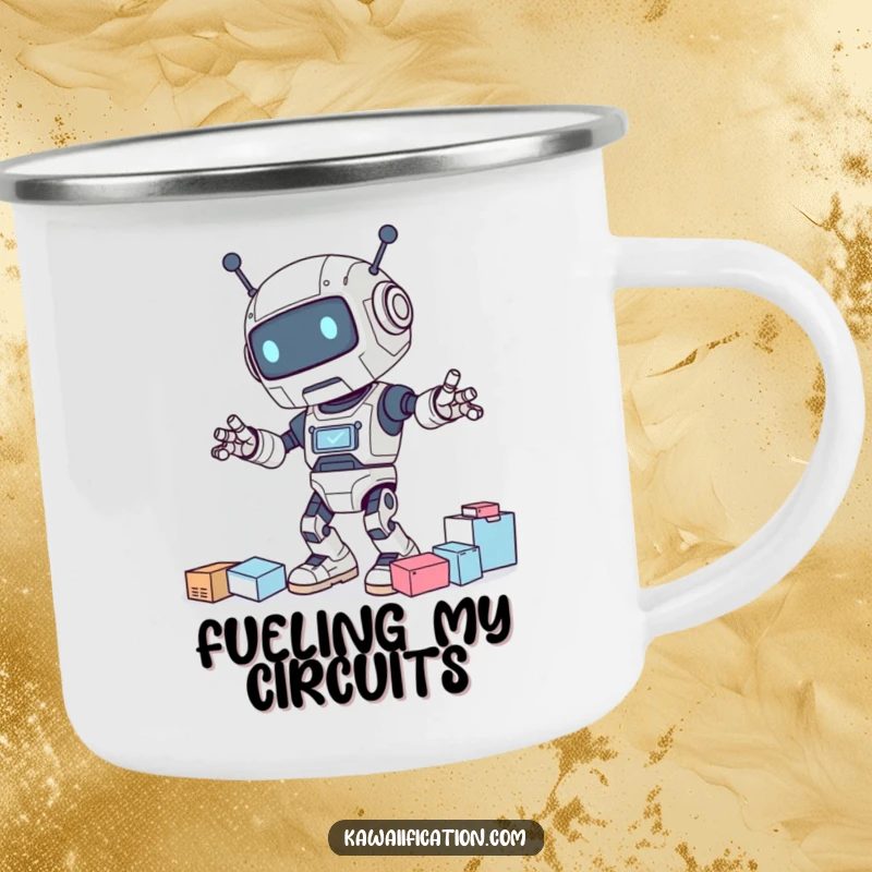 Funny camping mug showing a clumsy robot character spilling drinks during an outdoor adventure with a comical expression.
